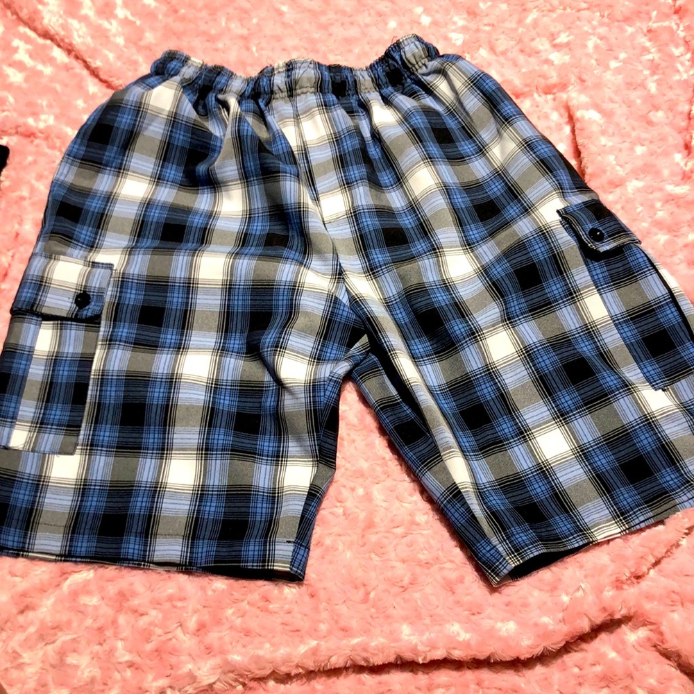 USA SzL blue and black plain polyester long shorts w side pockets